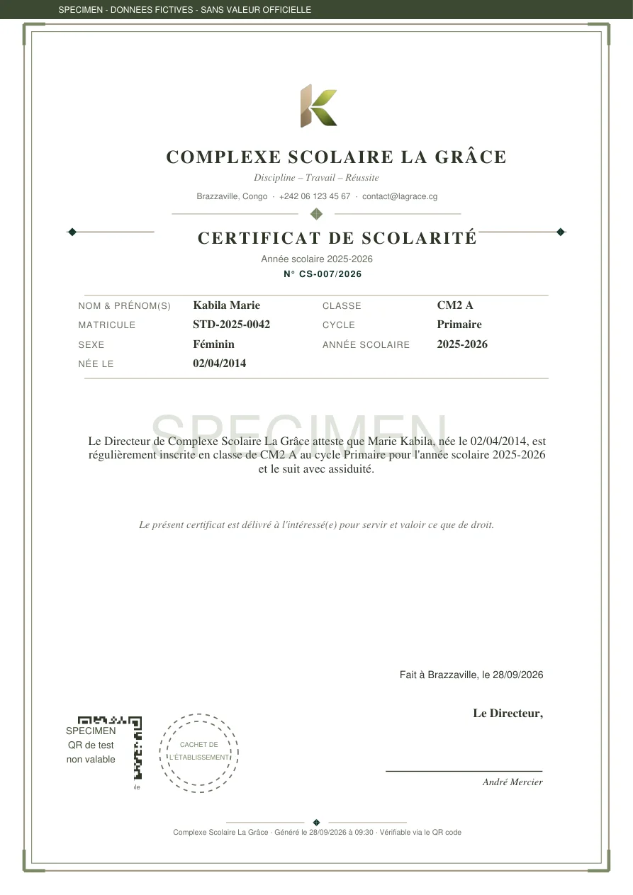 Certificat de scolarité Kanda, spécimen de démonstration sans valeur officielle.