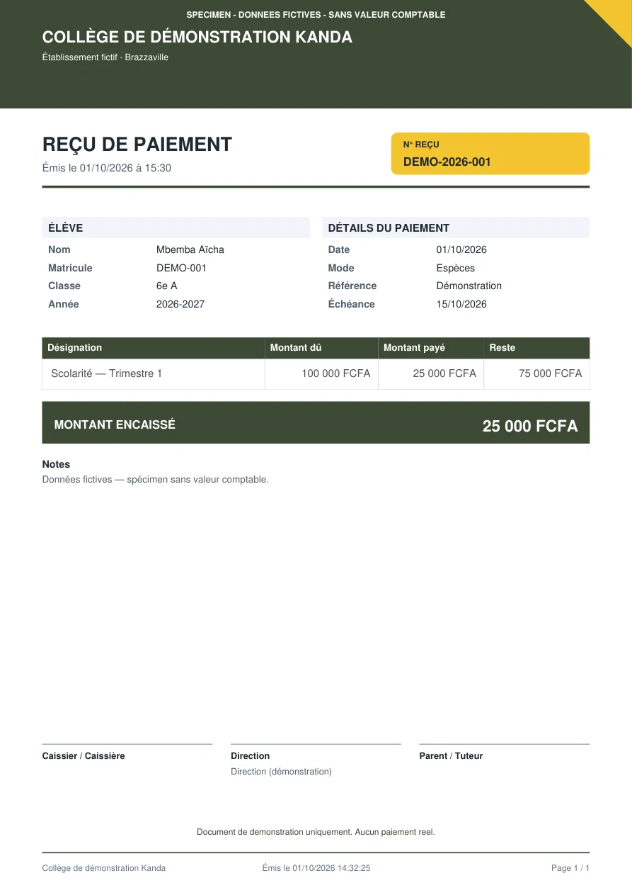 Reçu Kanda DEMO-2026-001 pour Aïcha Mbemba : 100 000 FCFA dus, 25 000 payés, 75 000 restants. Spécimen sans valeur comptable.